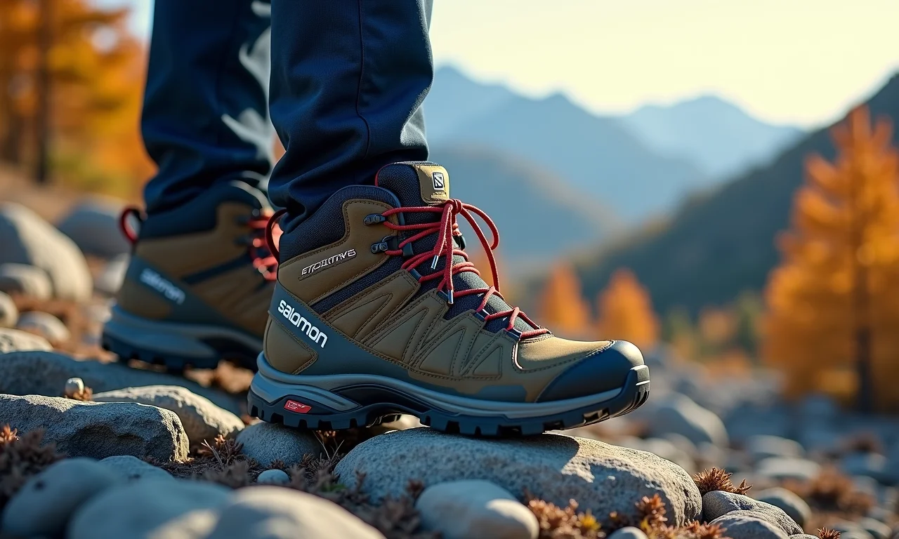 Botas de trekking da Salomon sobre rochas.