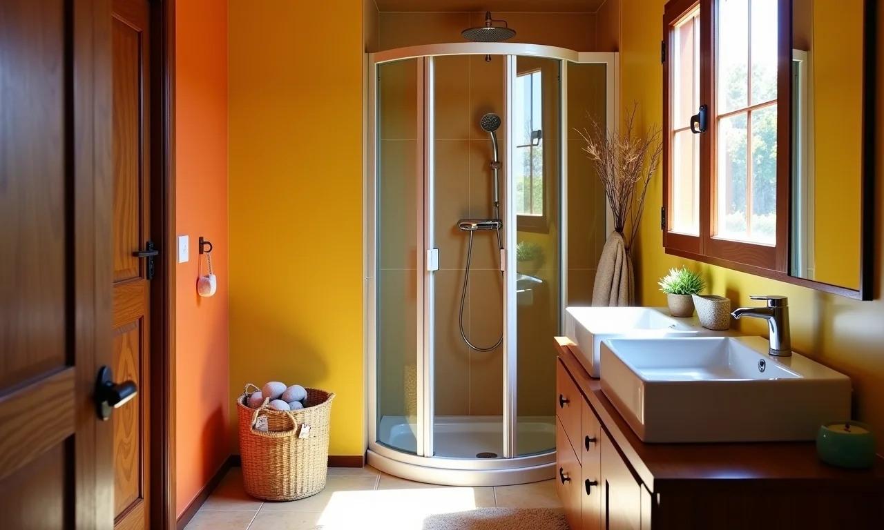 Box de canto com porta articulada (sanfonada) em banheiro pequeno.