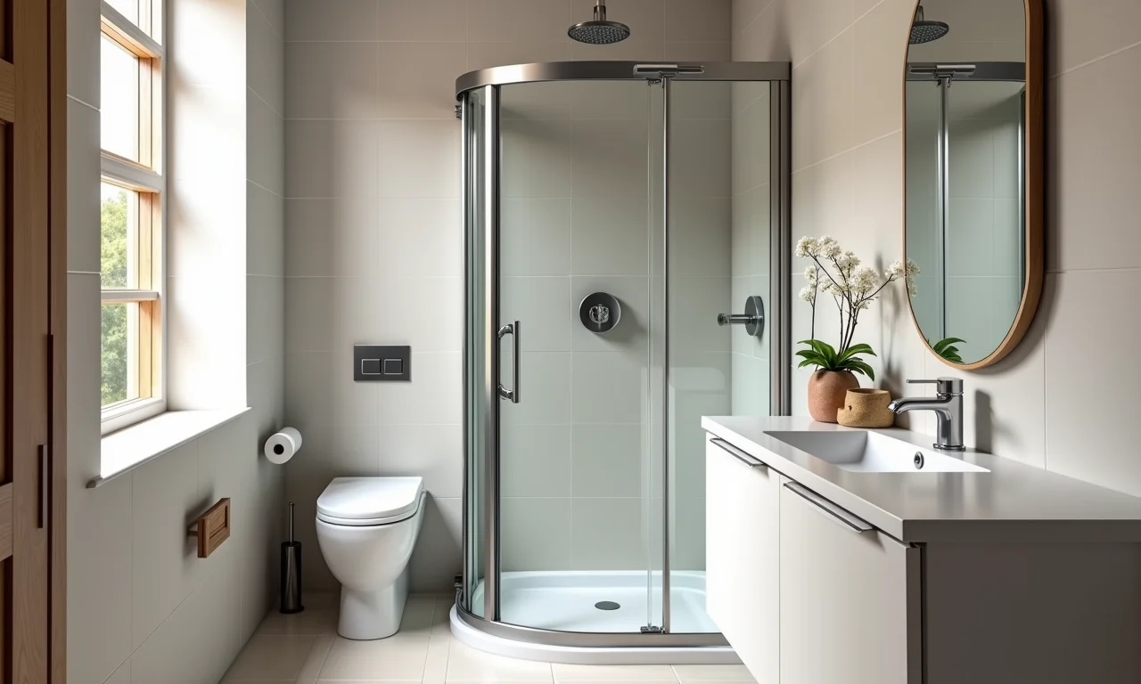 Box de canto com porta de correr em banheiro pequeno.