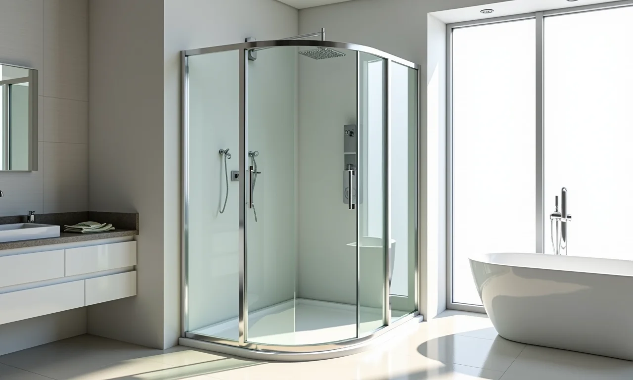 Box de canto curvo em banheiro moderno.