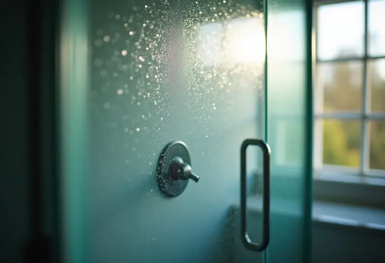 Box de vidro do banheiro com manchas de água dura, antes e depois da limpeza