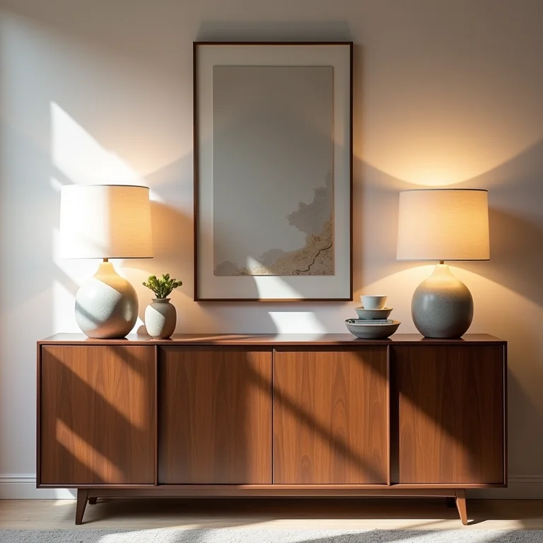 Buffet moderno decorado com objetos, luminárias e obras de arte.