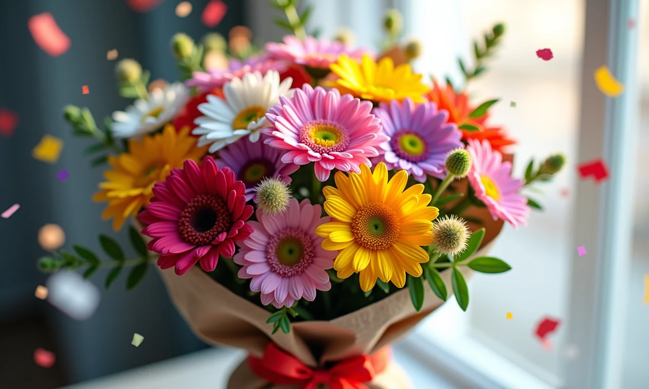 Buquê de aniversário com flores coloridas e confetes, celebrando um aniversário.