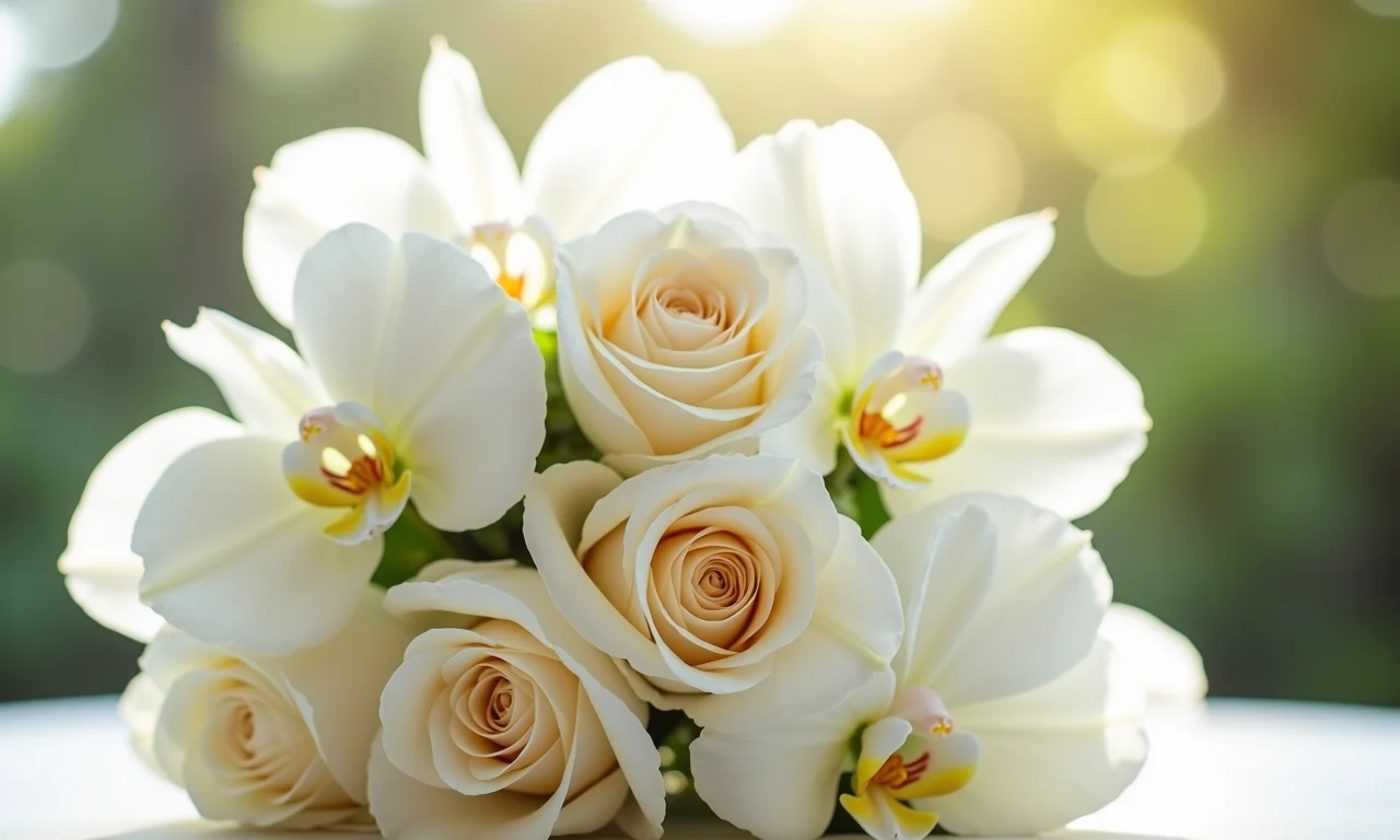 Buquê de casamento elegante com rosas brancas e orquídeas, simbolizando um casamento.