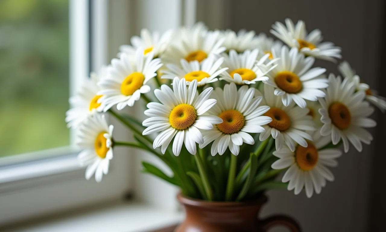 Buquê de margaridas em vaso rústico, simbolizando inocência e simplicidade.