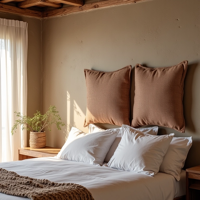 Cabeceira com almofadas suspensas em quarto boho chic com iluminação natural.