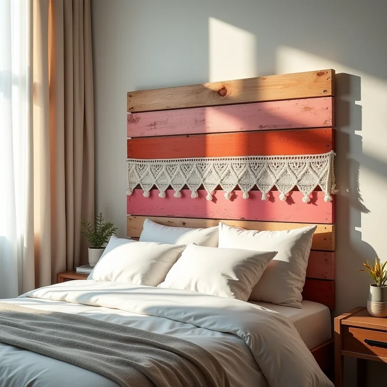 Cabeceira de pallet colorida com detalhes em crochê