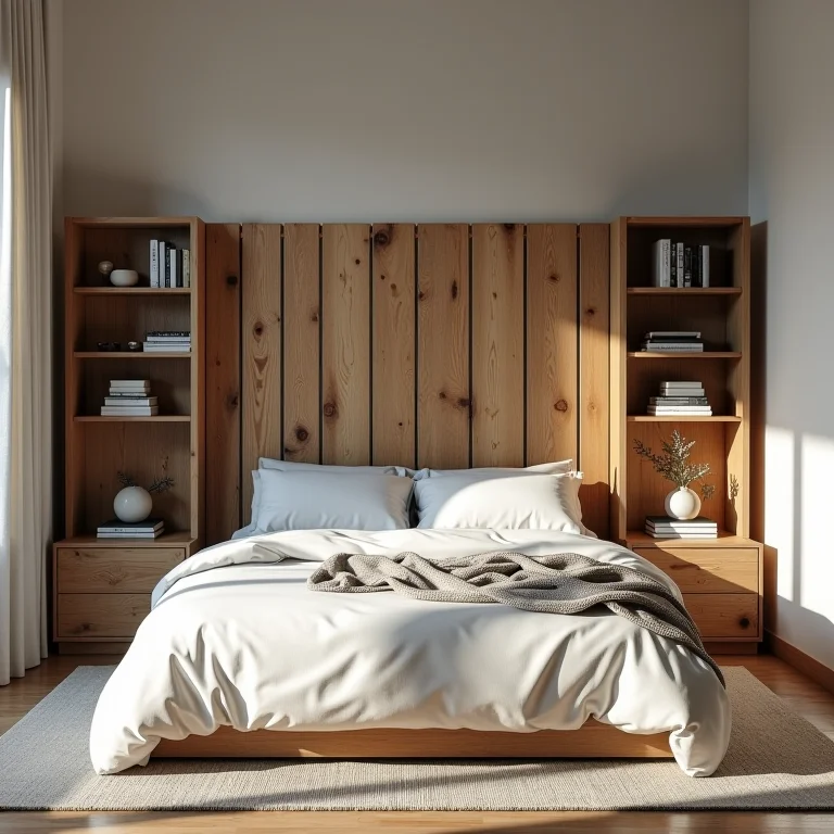 Cabeceira de pallet com nichos e prateleiras para organização.