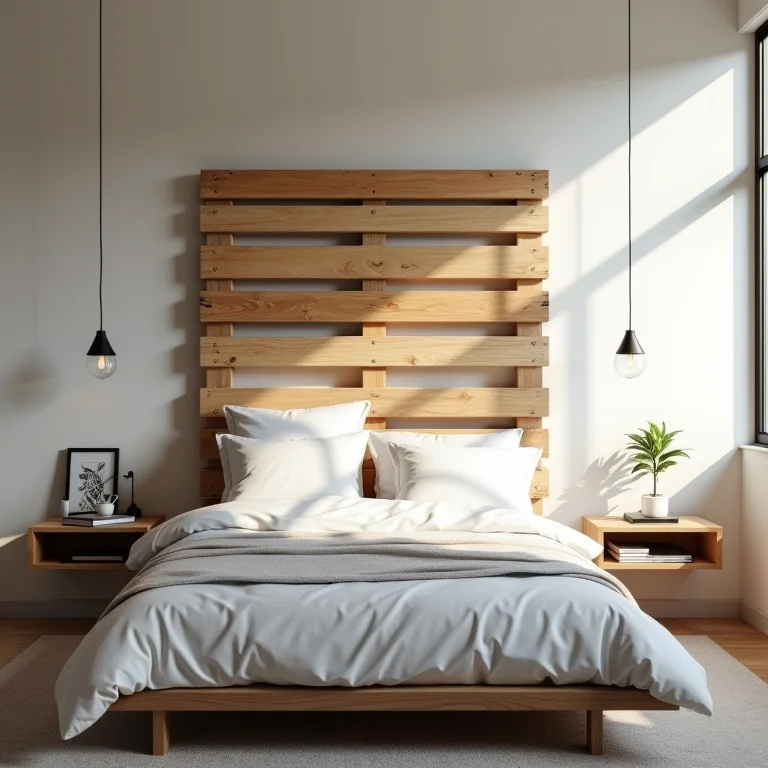 Cabeceira de pallet suspensa com criados-mudos