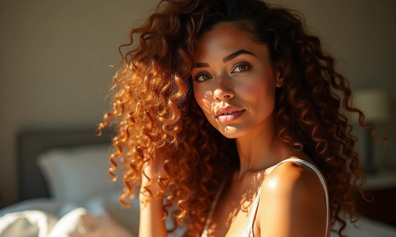 Cabelo cacheado caramelo, visual quente e aconchegante.