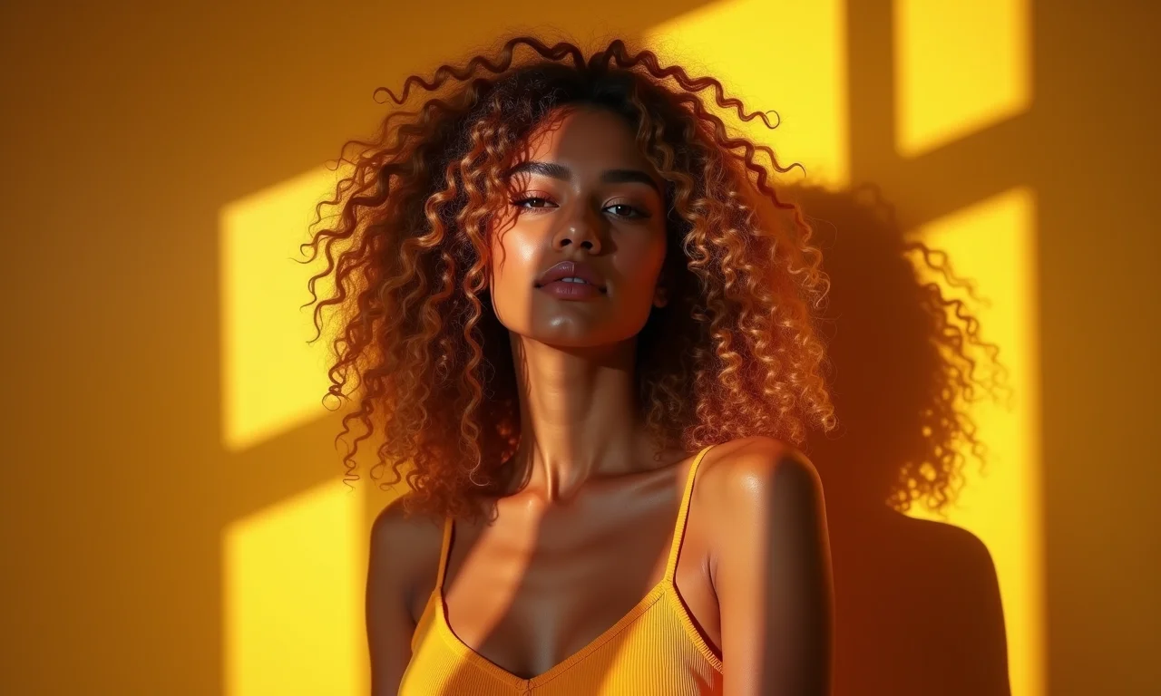 Cabelo cacheado com luzes cor de mel, brilho dourado natural.