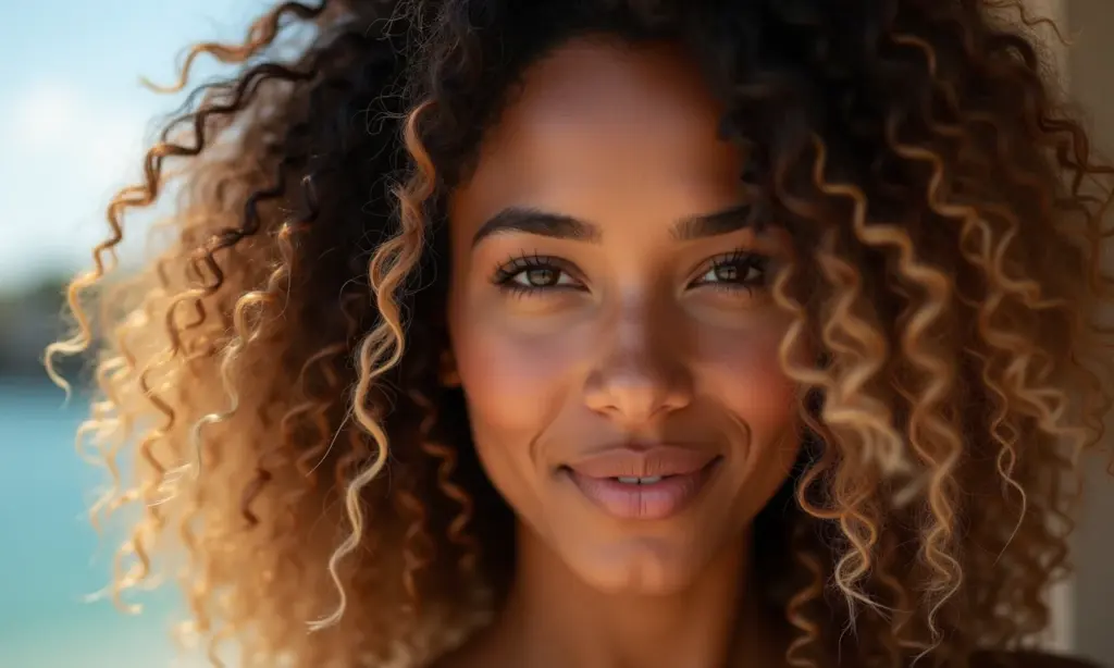 Cabelo cacheado com luzes em tons contrastantes.