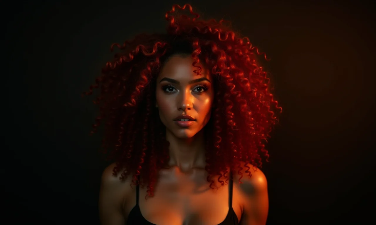 Cabelo cacheado ruivo acaju, toque de mistério e paixão.