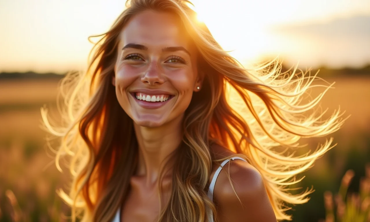 Cabelo longo com camadas fluindo naturalmente ao vento.
