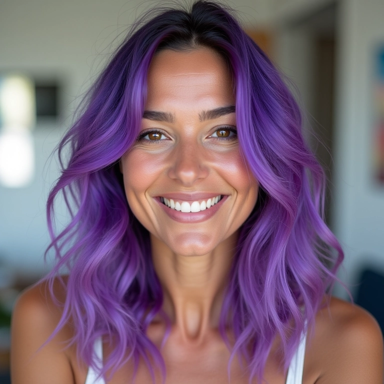 Cabelo roxo em diversos tons, do lilás ao violeta, exibindo beleza e confiança.