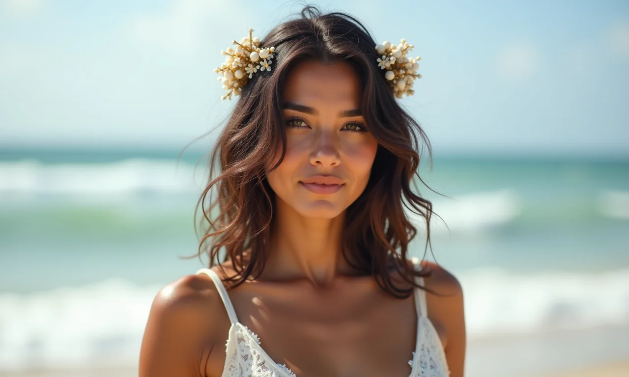 Cabelo solto com acessórios para casamento na praia em cabelo médio.
