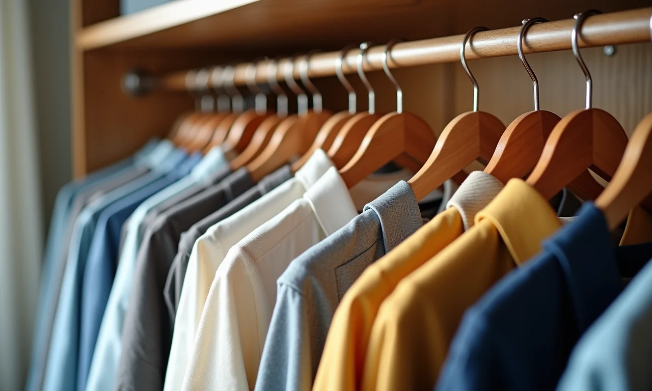 Cabides padronizados em um closet elegante e organizado.