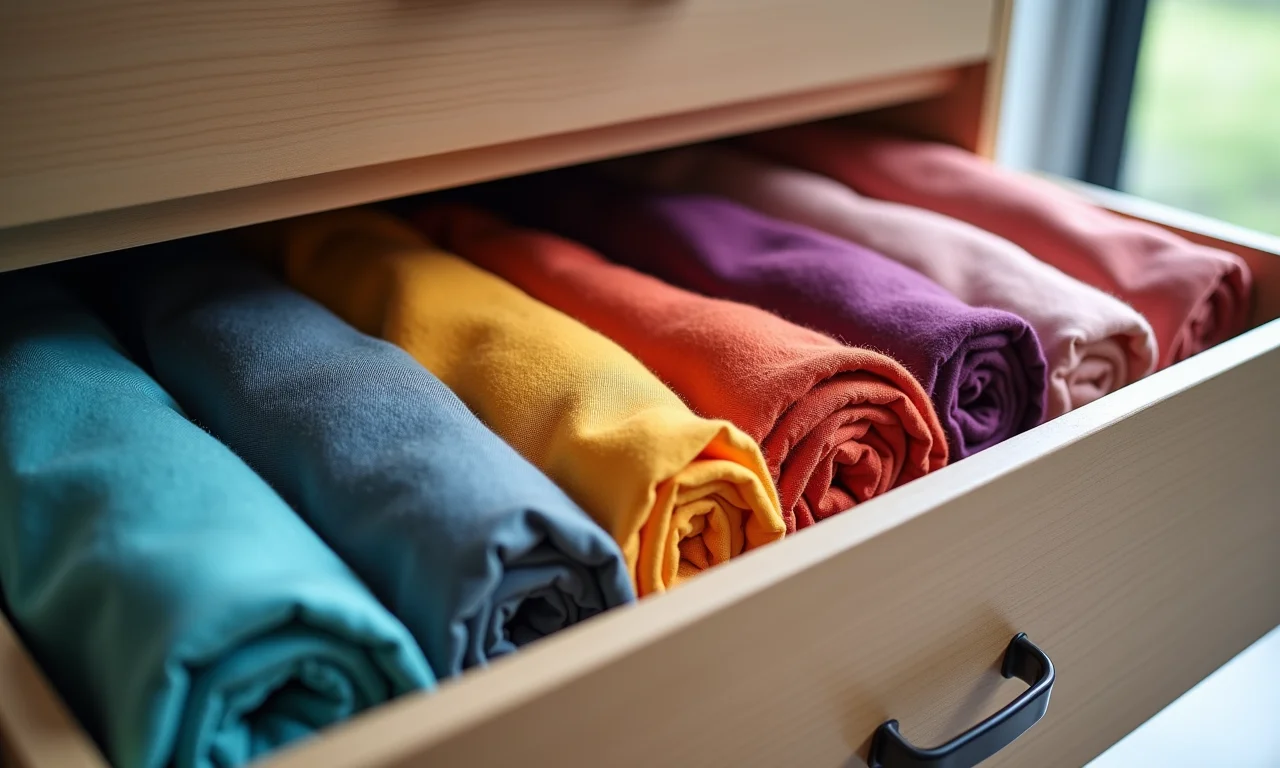 Cachecóis dobrados e organizados em uma gaveta.