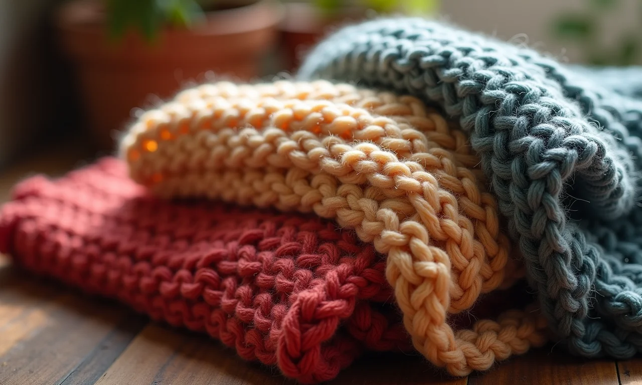 Cachecóis e gorros de tricô artesanais em ambiente aconchegante.