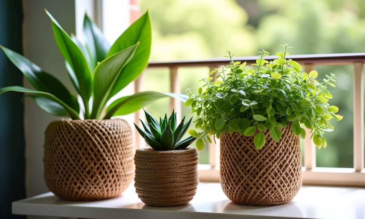 Cachepots de barbante com plantas em varanda ensolarada.