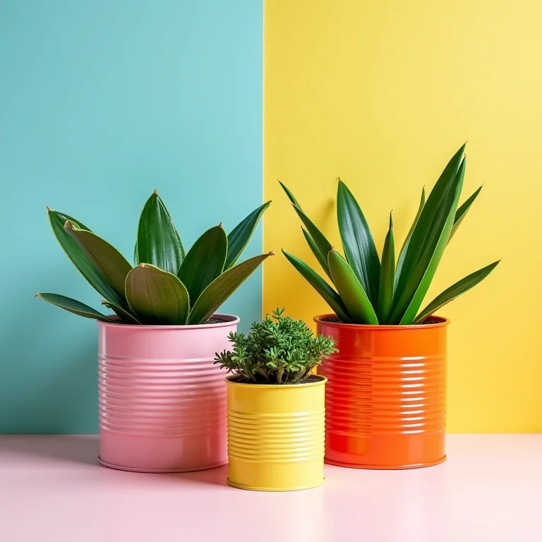 Cachepots decorativos feitos de latas.