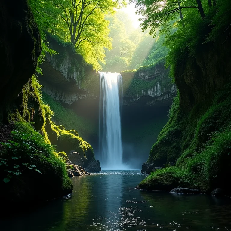 Cachoeira escondida em meio à natureza exuberante.