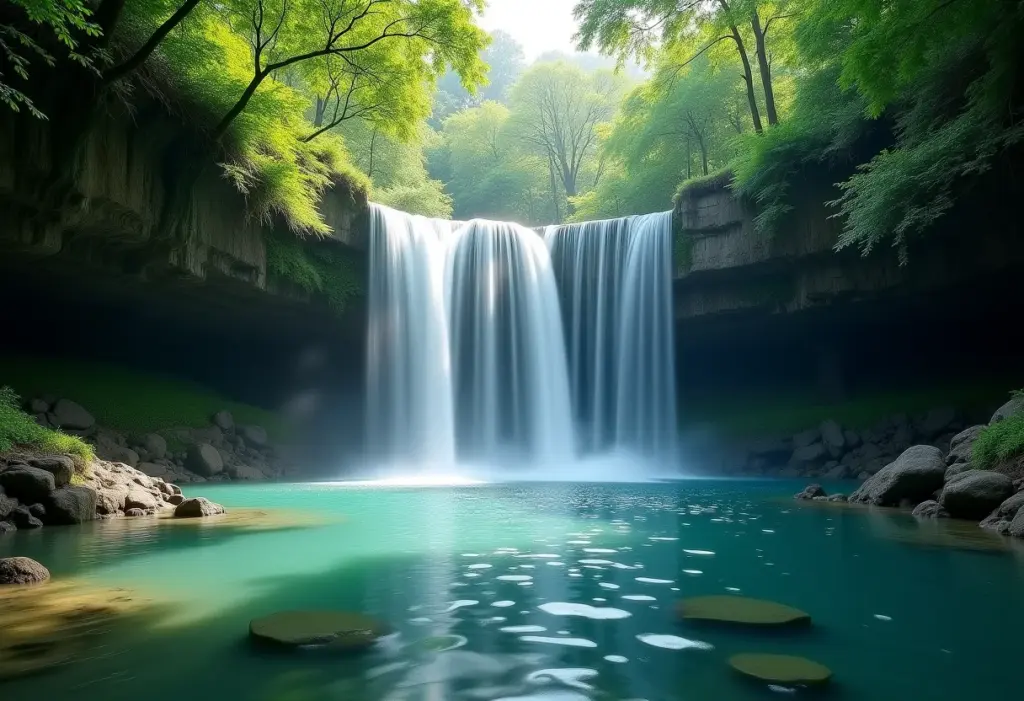 Cachoeira exuberante com água cristalina e vegetação densa