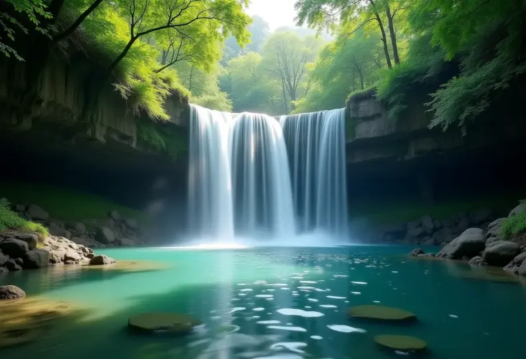 Cachoeira exuberante com água cristalina e vegetação densa
