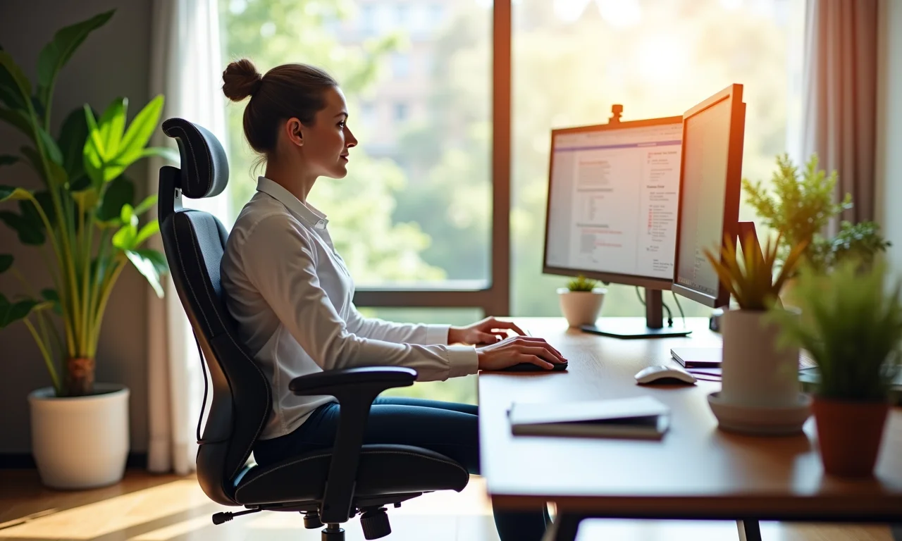 Cadeira ergonômica e mesa ajustável para promover postura correta e conforto.