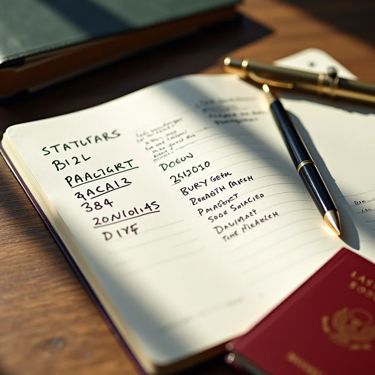 Caderno de anotações com planos de viagem, caneta e passaporte.
