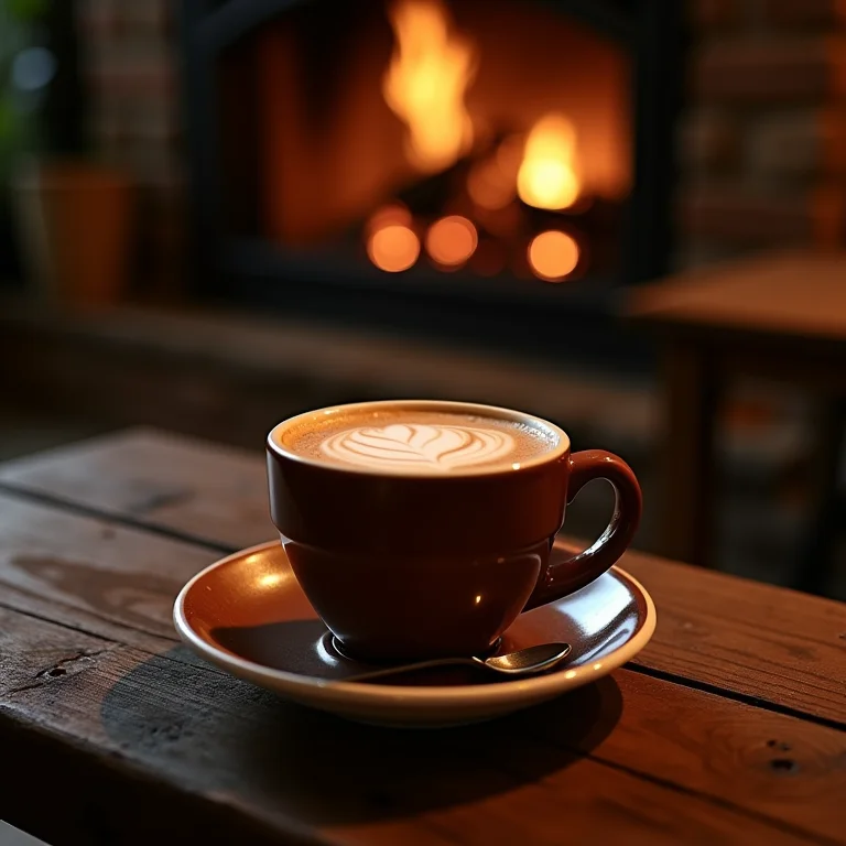 Café aconchegante em Gramado com lareira e chocolate quente