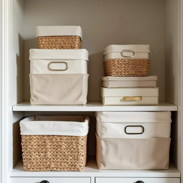 Caixas e cestos organizadores em um closet
