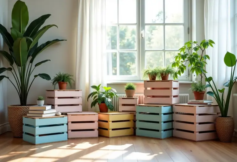 Caixotes de feira coloridos transformados em decoração.