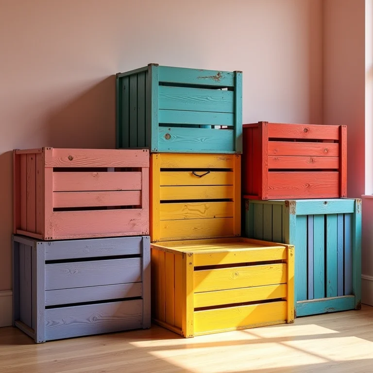 Caixotes de feira pintados com cores que não combinam.