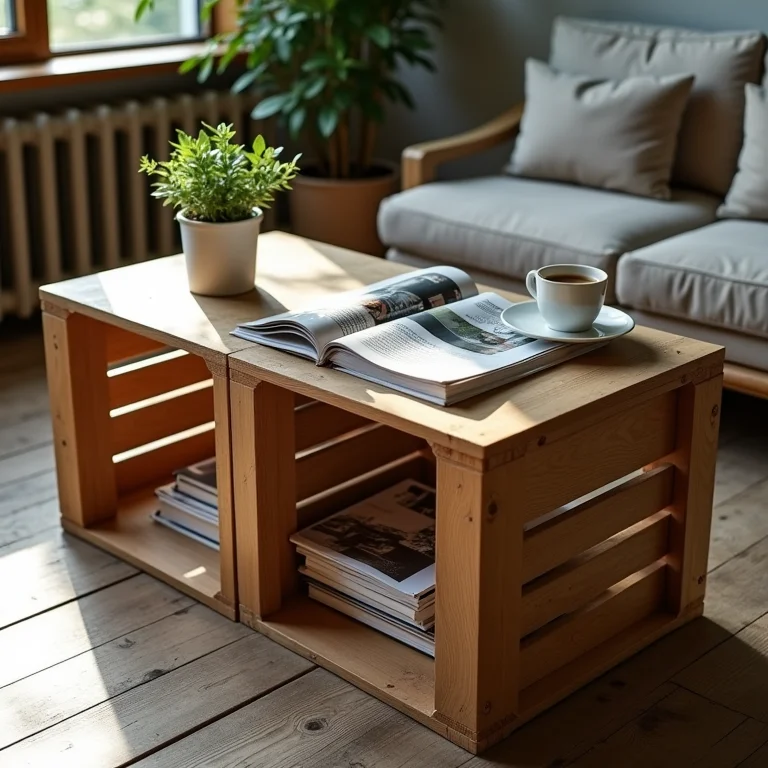 Caixotes de feira transformados em mesa de centro estilosa