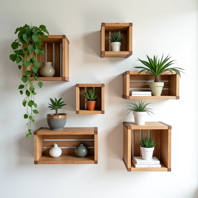 Caixotes de feira transformados em nichos decorativos na parede.