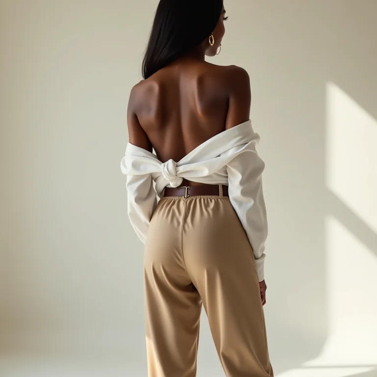 Calça de cintura alta e camisa com cinto estiloso