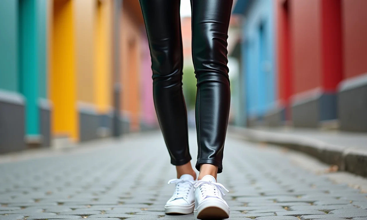 Calça de couro fake preta com tênis branco, look casual.