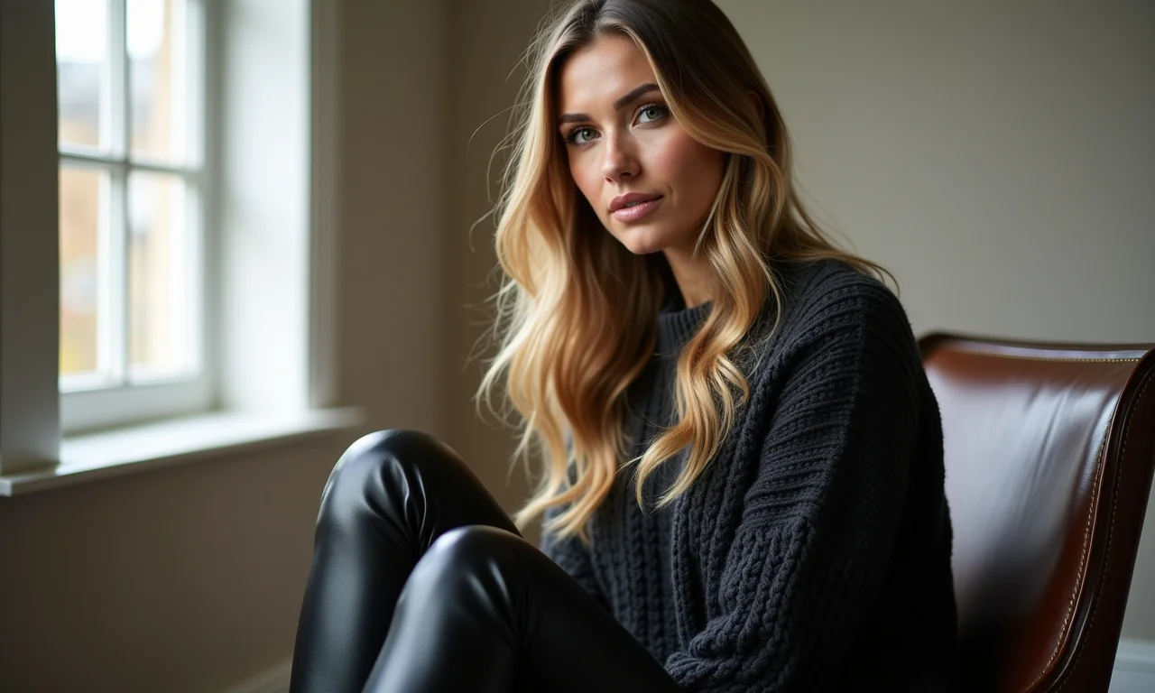 Calça de couro fake preta com tricô confortável.