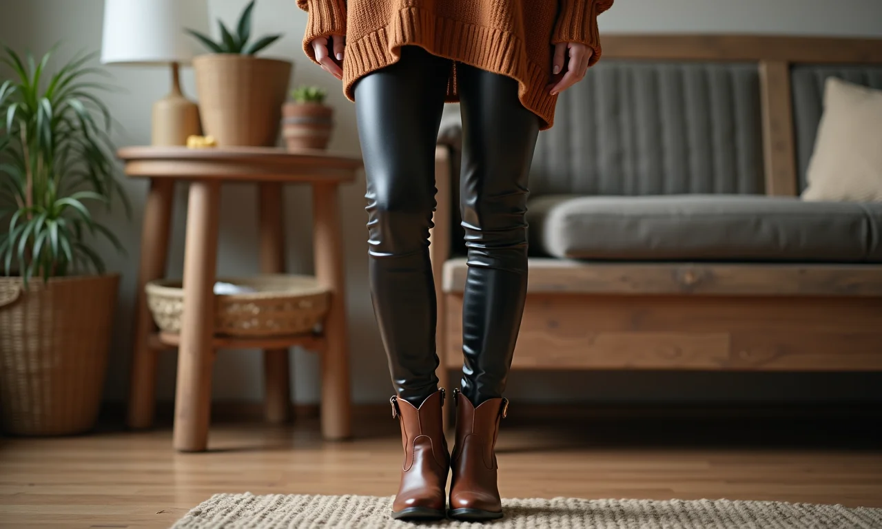 Calça de couro, tricô e bota country: look elegante e moderno.