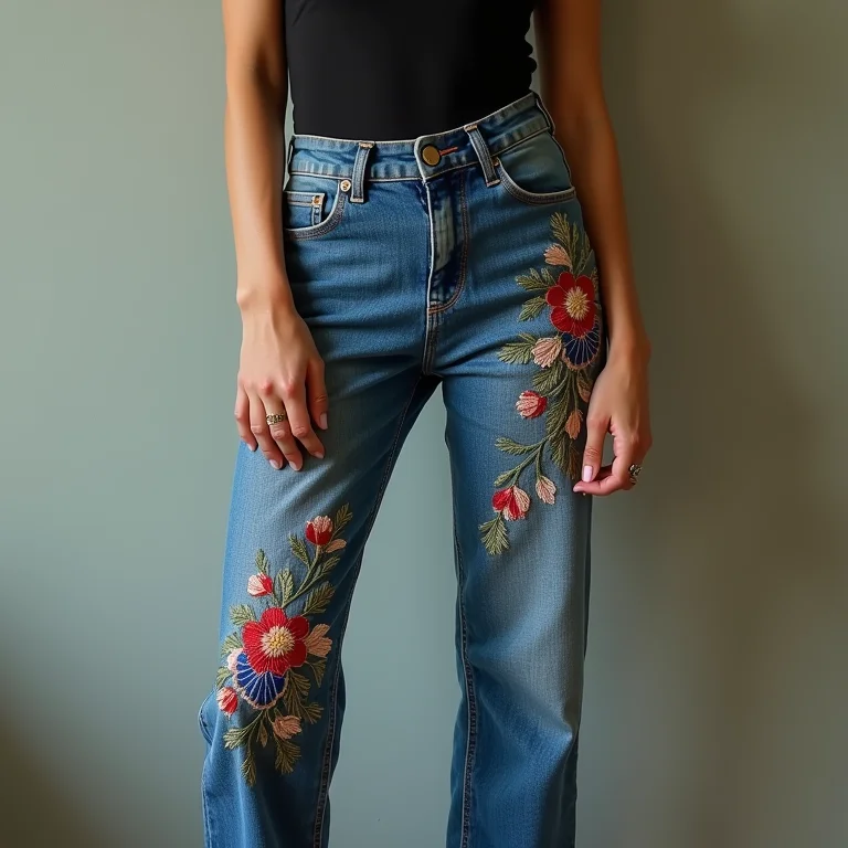 Calça jeans customizada com bordado em mulher diversa