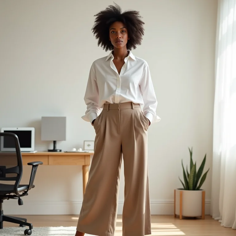 Calça pantacourt e blusa de botão para trabalhar em casa