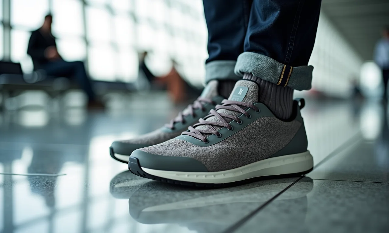 Calçados confortáveis para viagem: tênis e meias quentes.