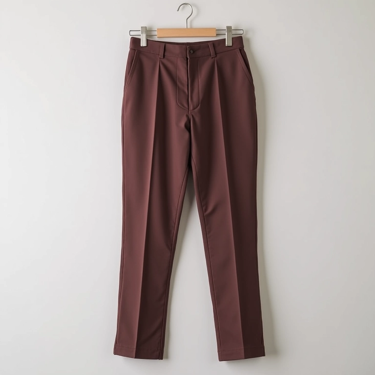 Calças de alfaiataria de poliéster coloridas penduradas, mostrando a praticidade do tecido.