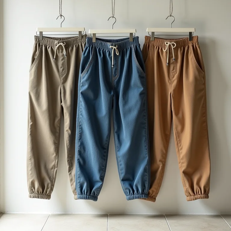 Calças slouchy em diferentes tecidos.