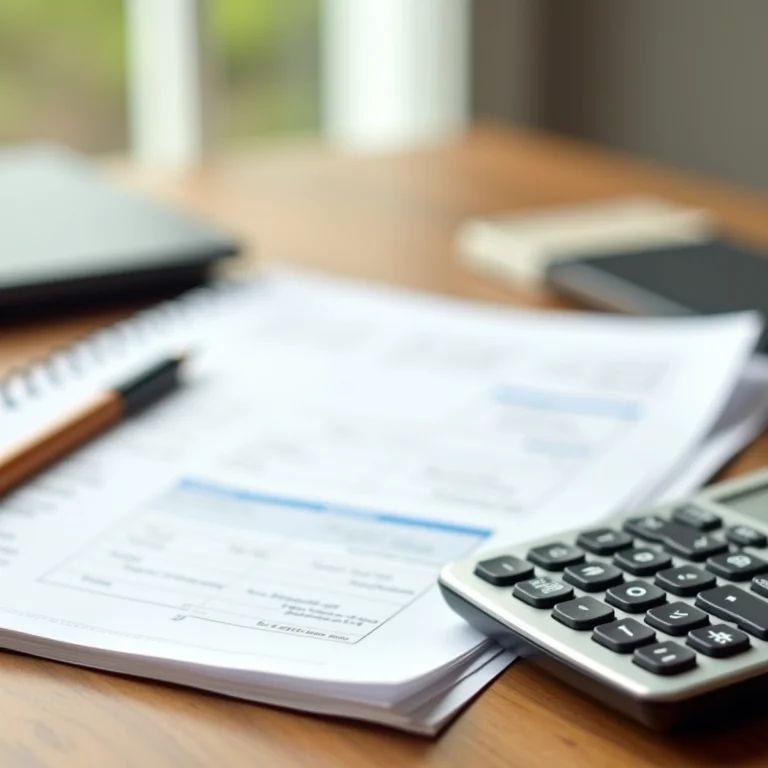 Calculadora, caderno e planilha exibidos em uma mesa de madeira