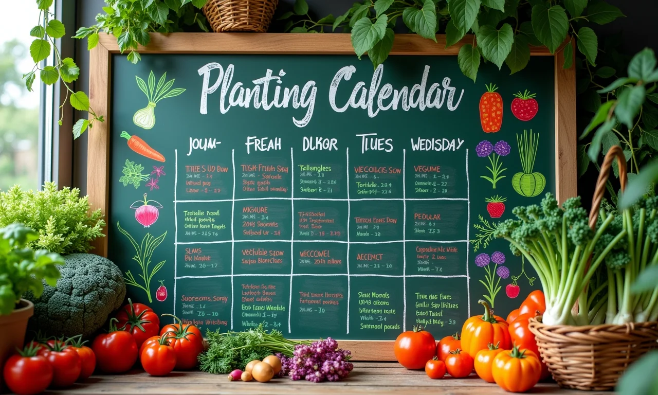 Calendário visual de plantio em quadro negro.