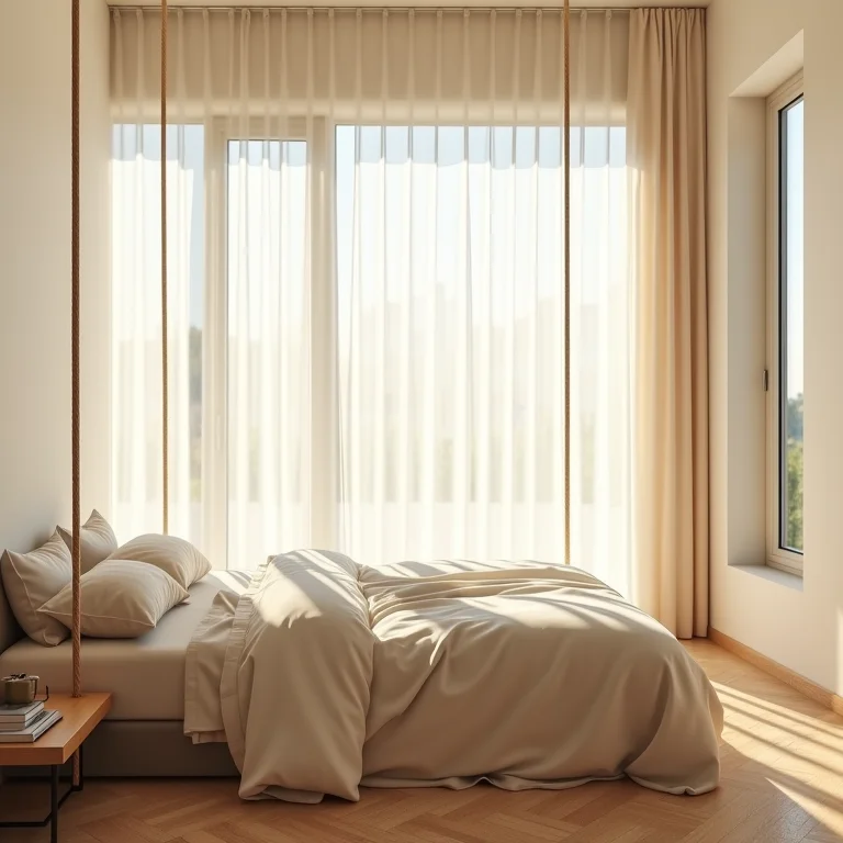 Cama suspensa com cortinas leves.