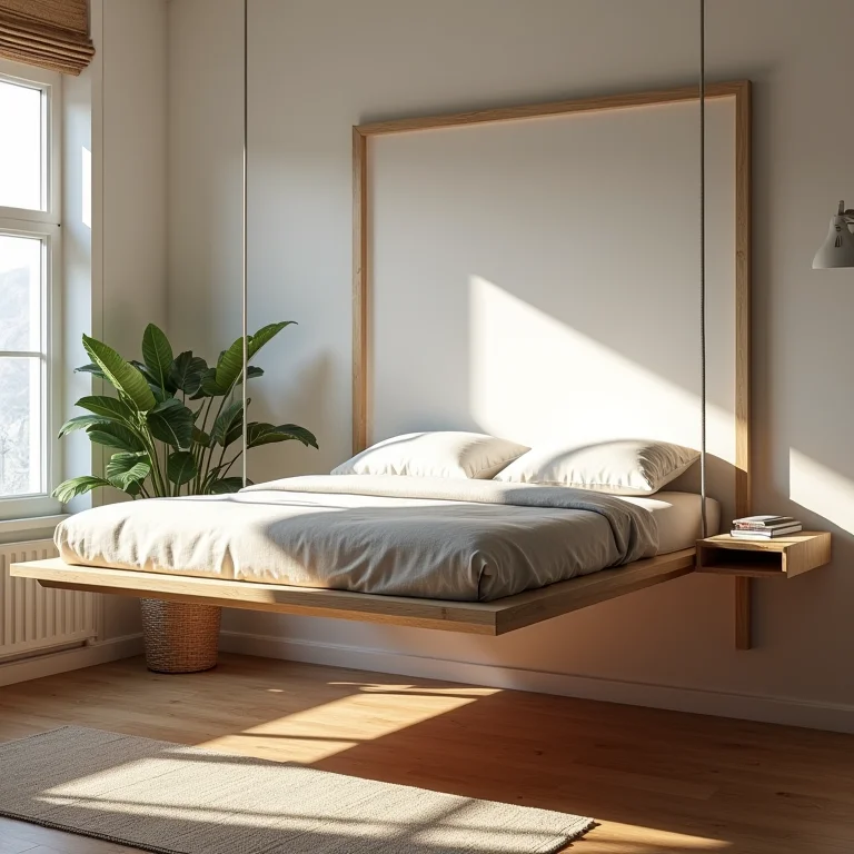 Cama suspensa com escrivaninha embutida.