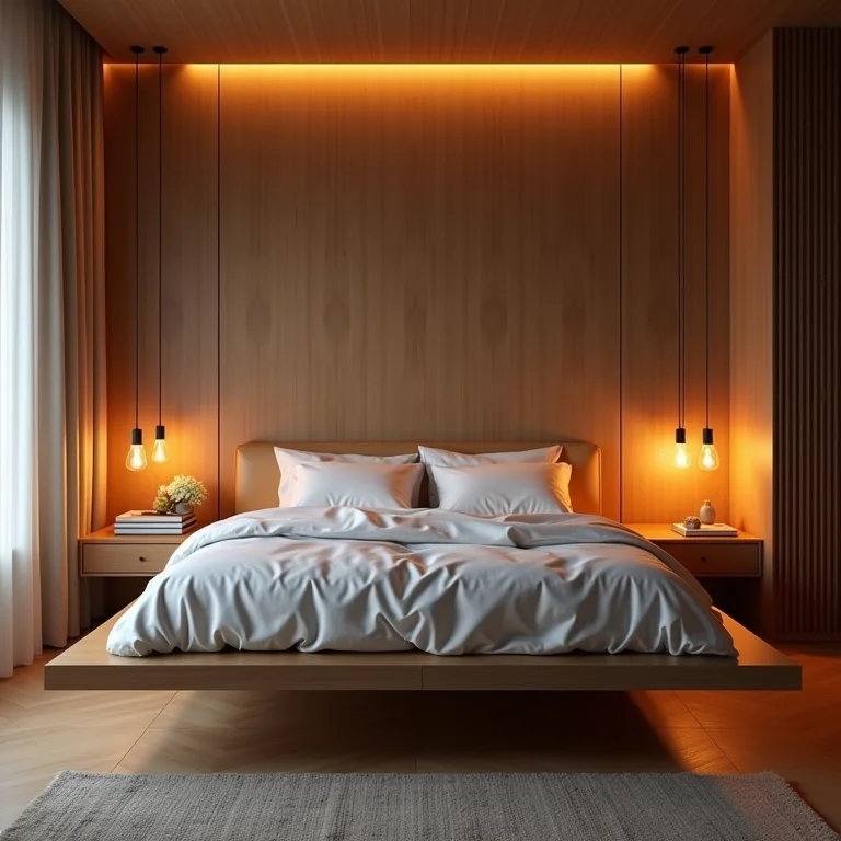 Cama suspensa com iluminação embutida.